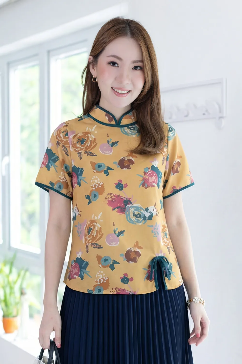 MT6210 Chinese Collar Side Slit Blouse – Sunny Yellow