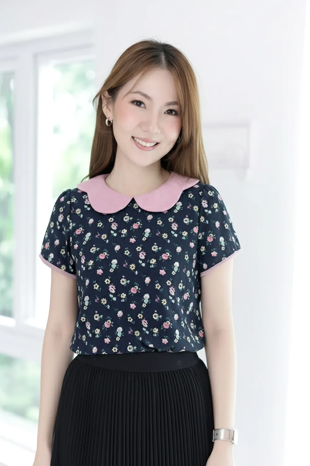 MT7047 Flora Petal Collar Blouse – Navy Blue - Pink