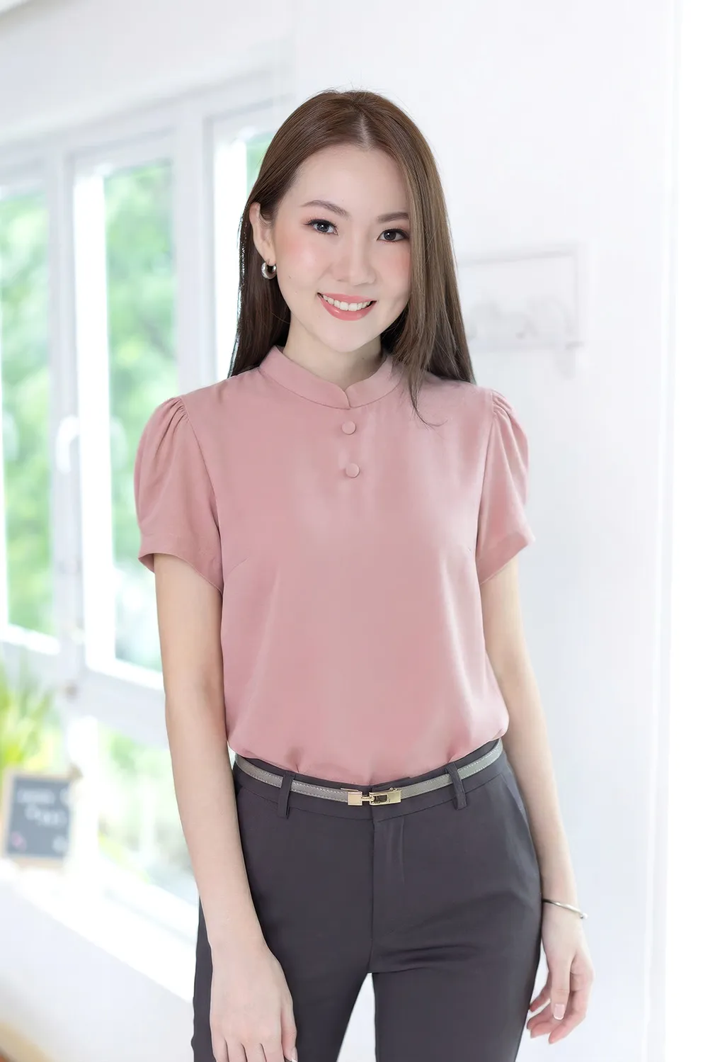 MT3906 Overlap Collar Double Button Blouse – Pink