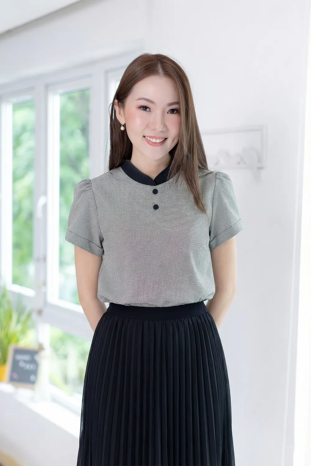 MT3906 Overlap Collar Double Button Blouse – Black Shinori