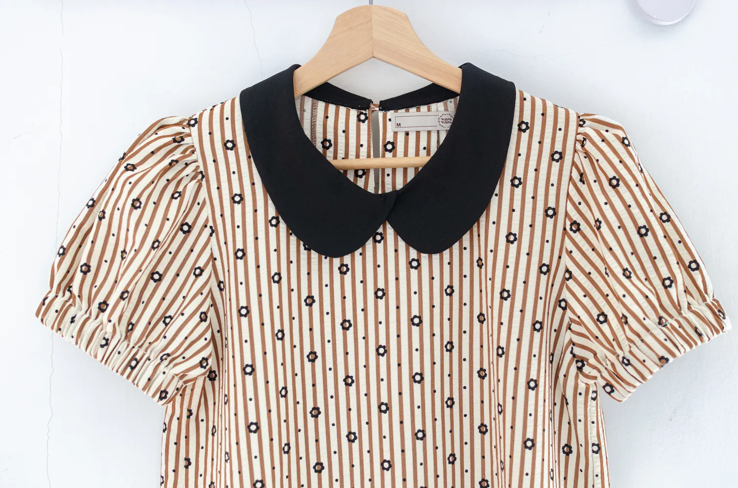 MT5040 Overlap Collar Stripe&Daisy Blouse – Brown - Image 3