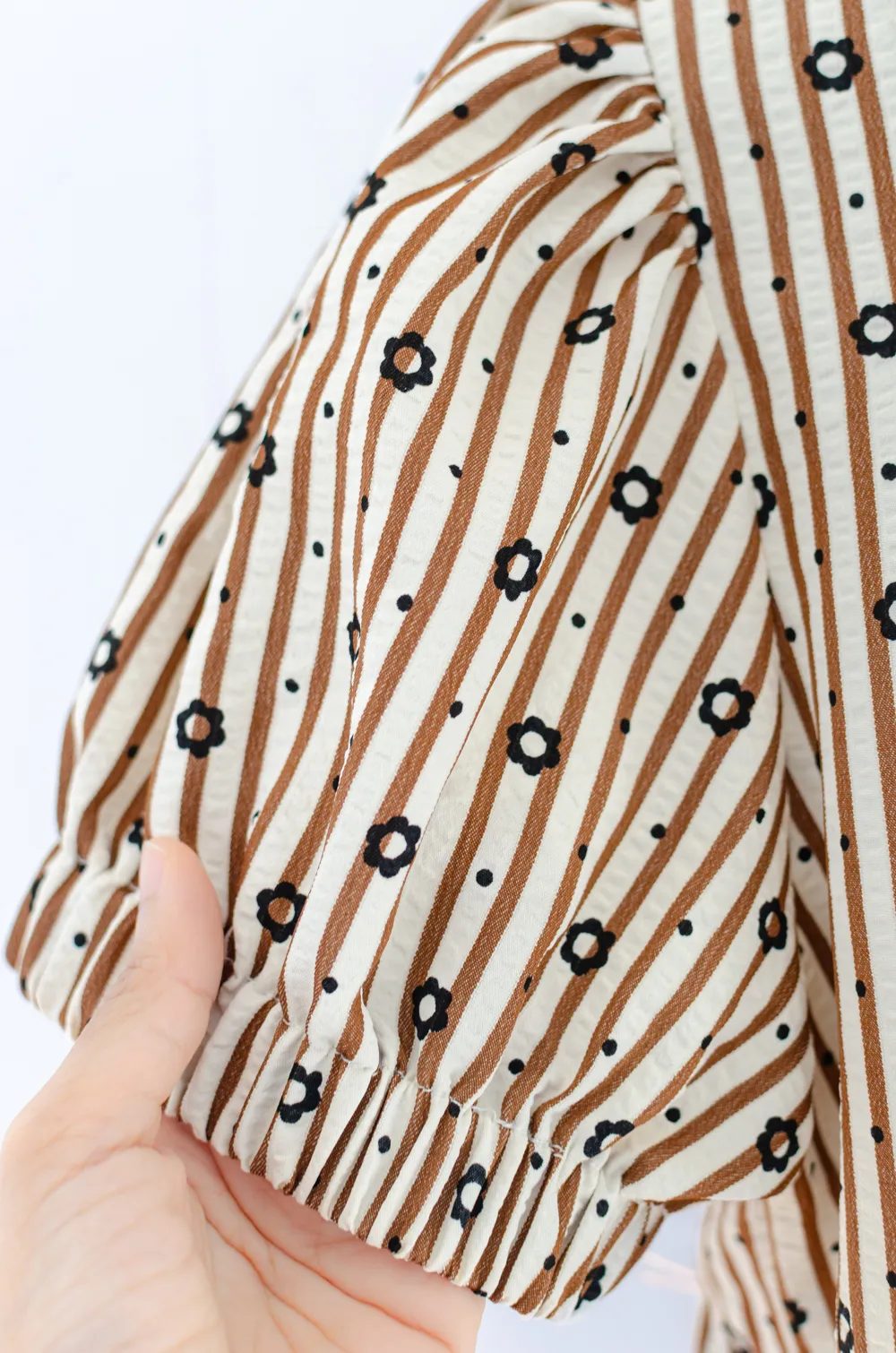 MT5040 Overlap Collar Stripe&Daisy Blouse – Brown - Image 5