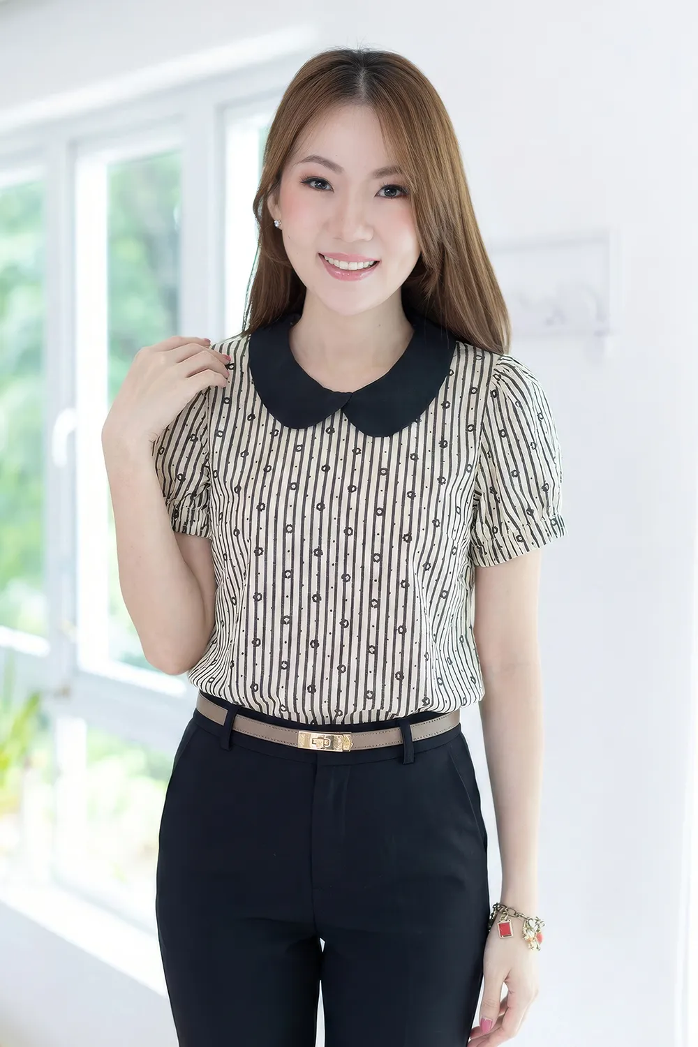 MT5040 Overlap Collar Stripe&Daisy Blouse – Black - Image 7