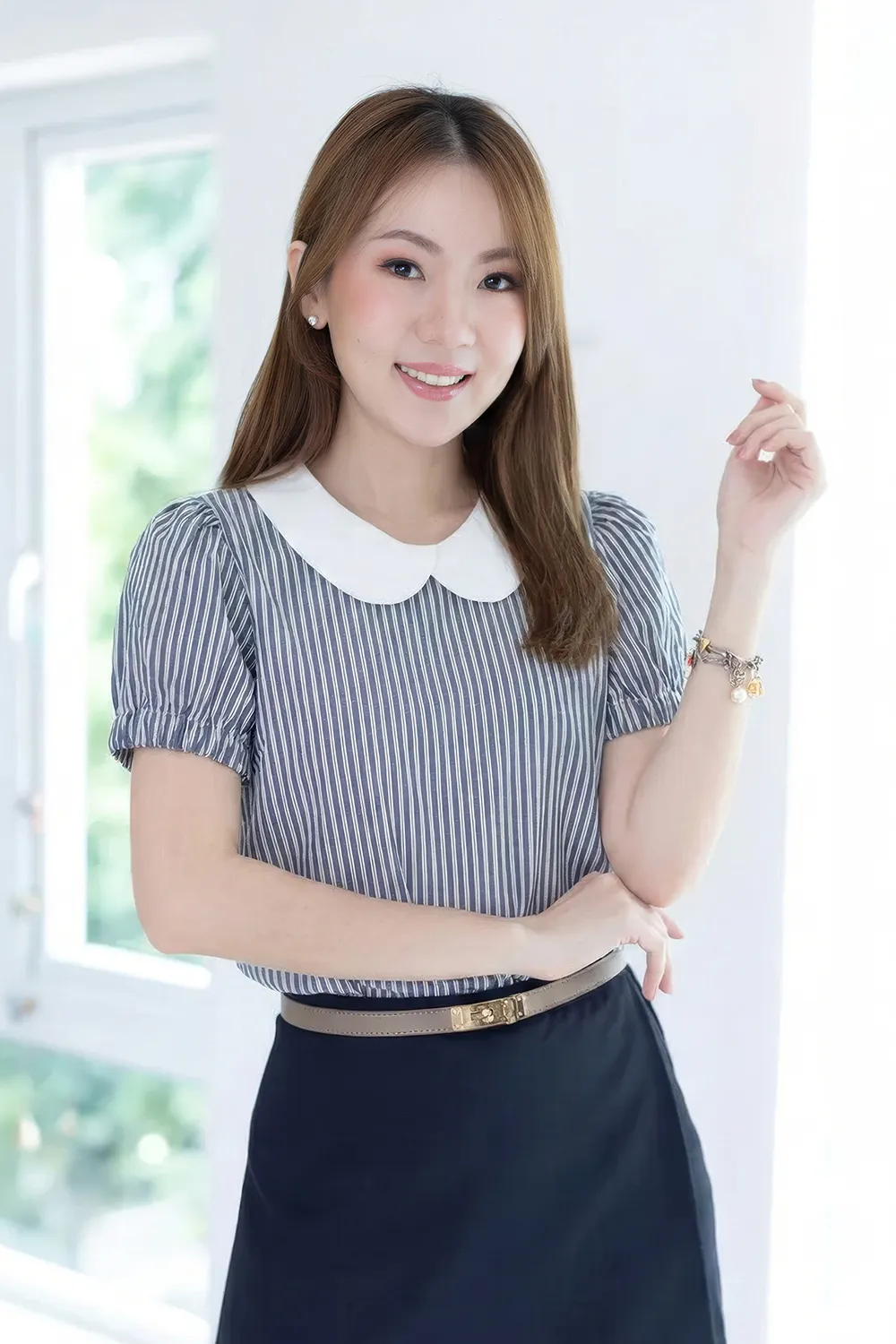 MT5040 Overlap Collar Stripe Blouse – Denim