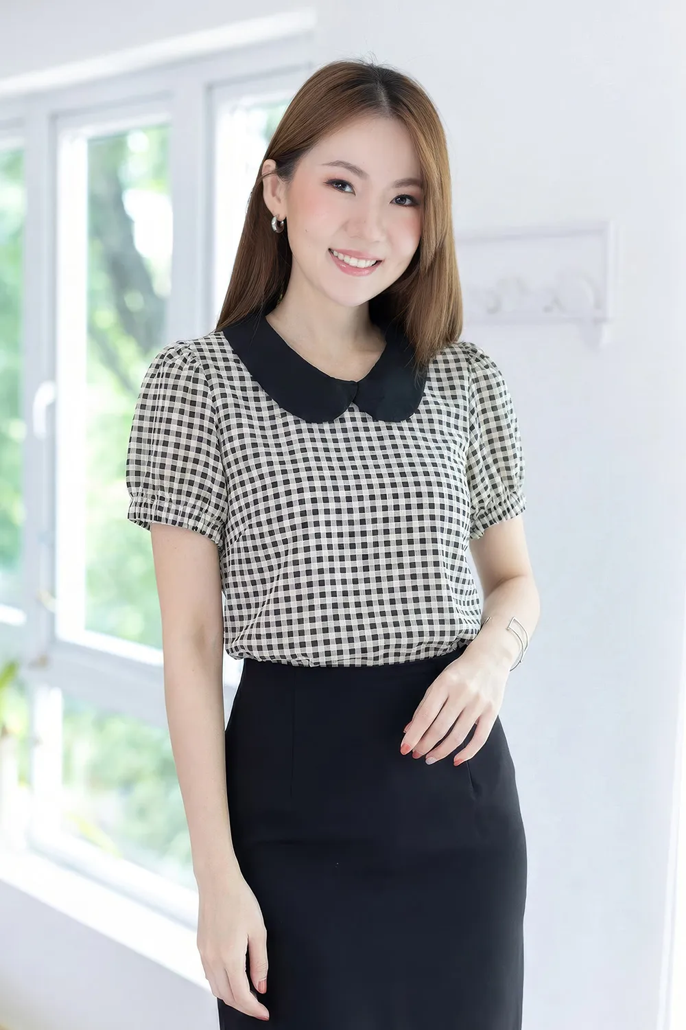 MT5040 Overlap Collar Checkered Blouse – Pearl White
