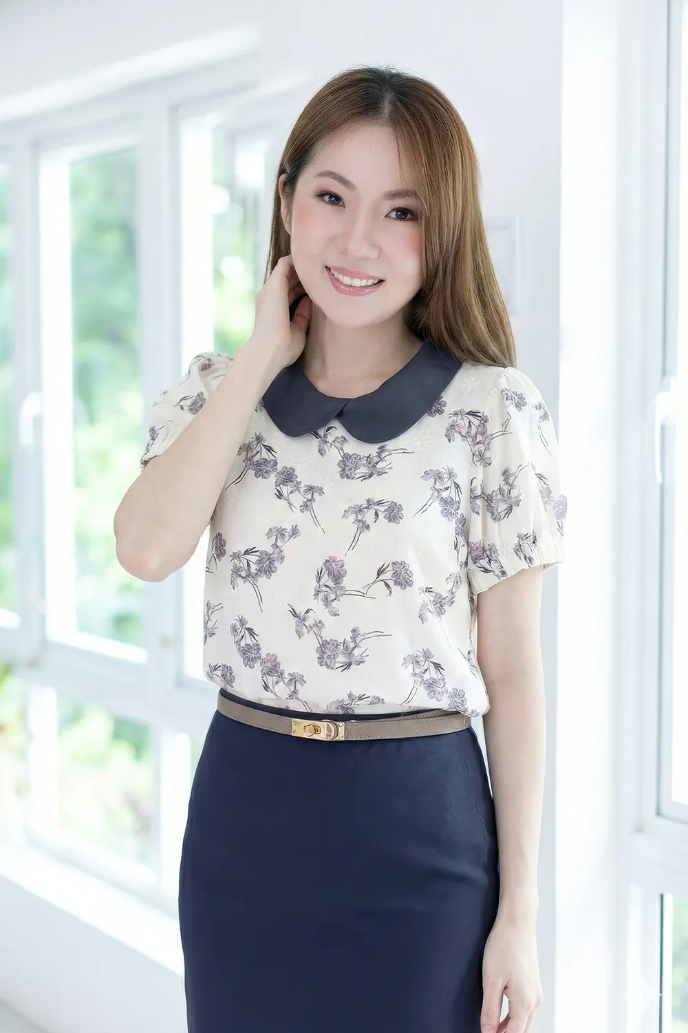 MT5040 Overlap Collar Textured Flower Blouse – White-Grey