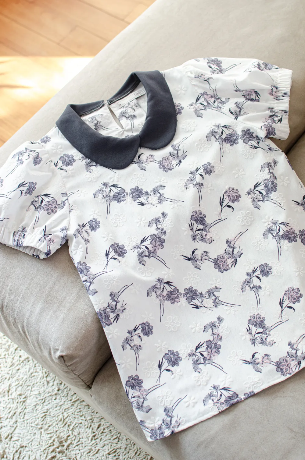 MT5040 Overlap Collar Textured Flower Blouse – White-Grey - Image 3