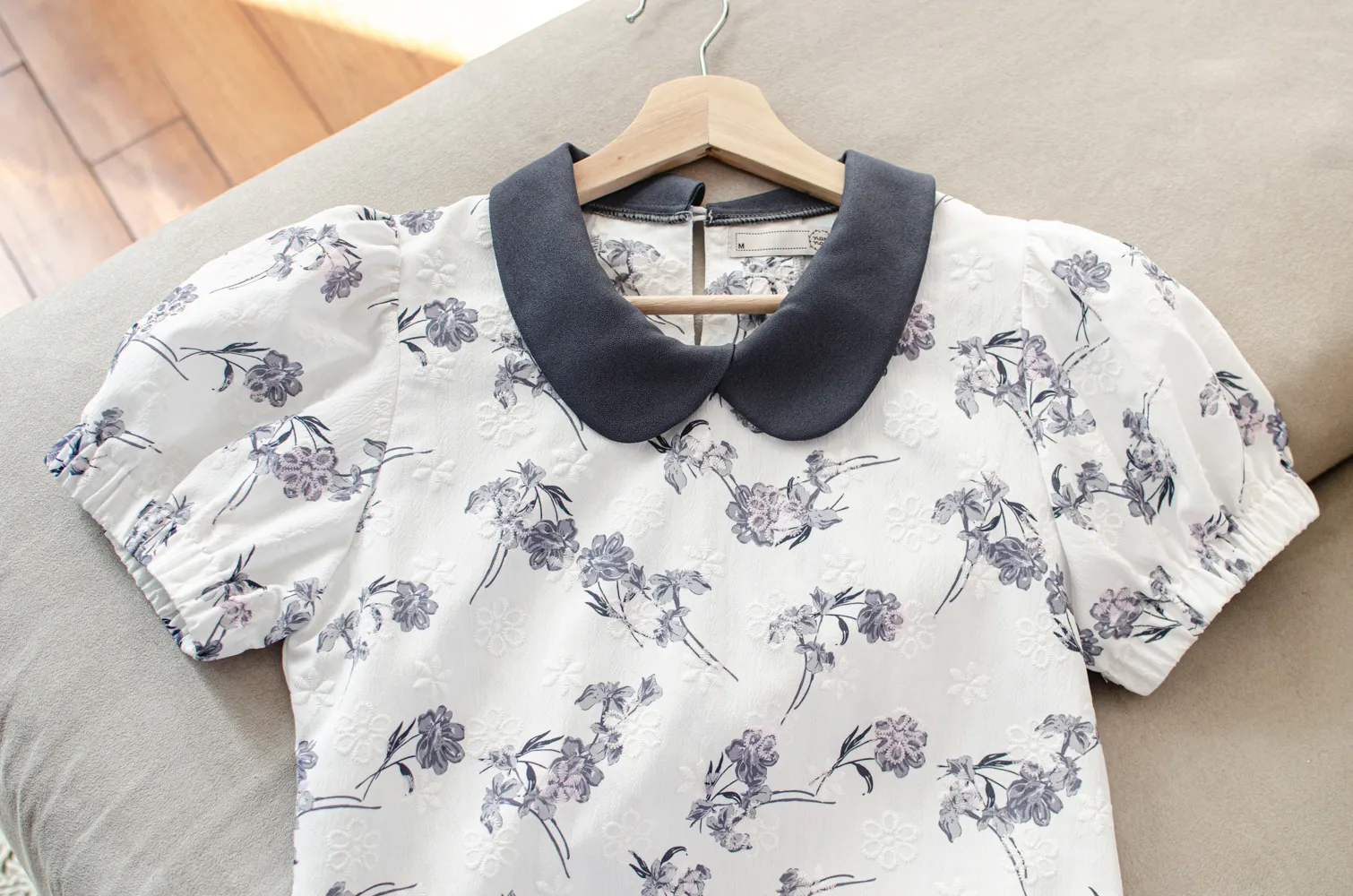 MT5040 Overlap Collar Textured Flower Blouse – White-Grey - Image 4