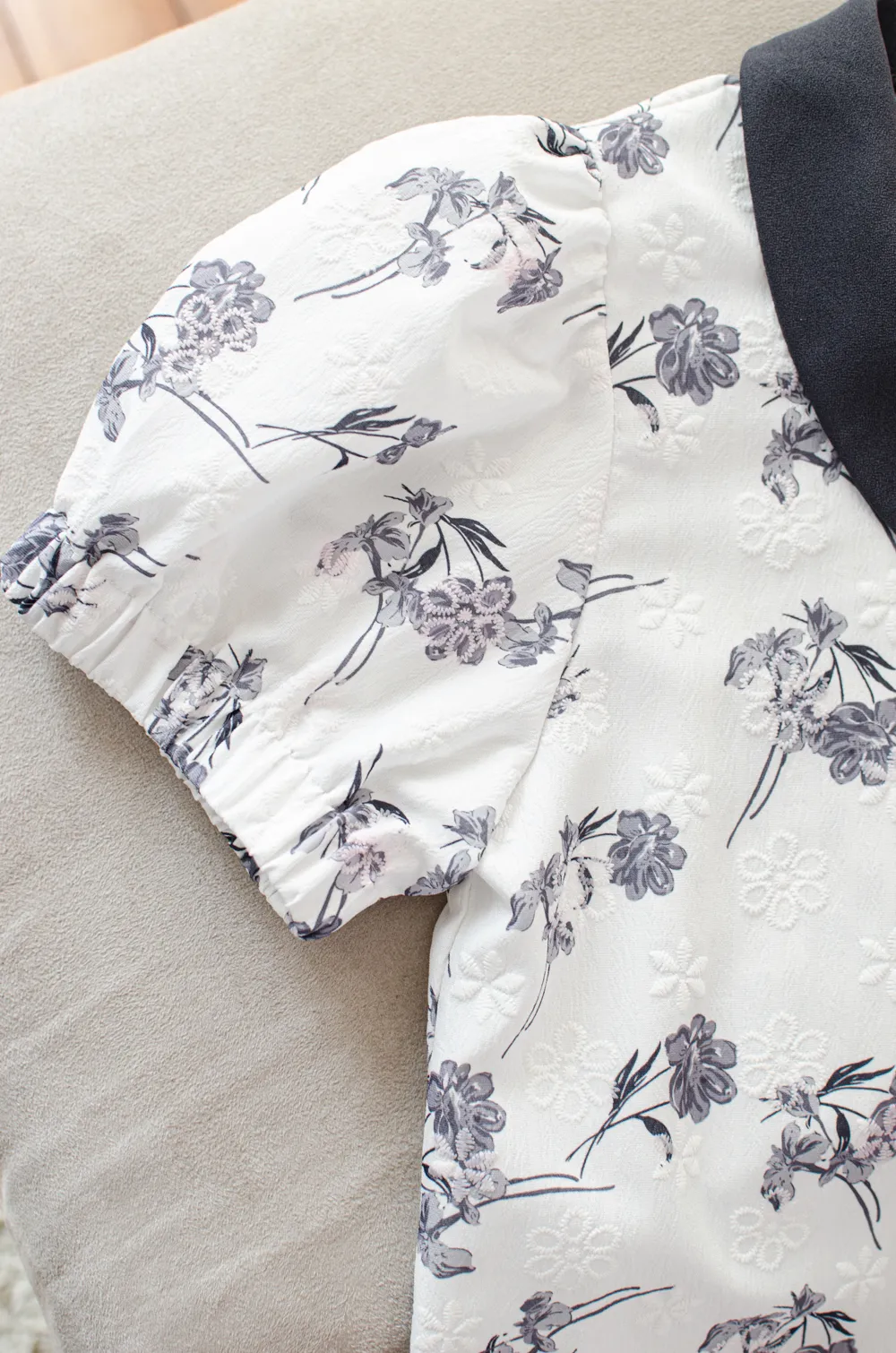 MT5040 Overlap Collar Textured Flower Blouse – White-Grey - Image 5