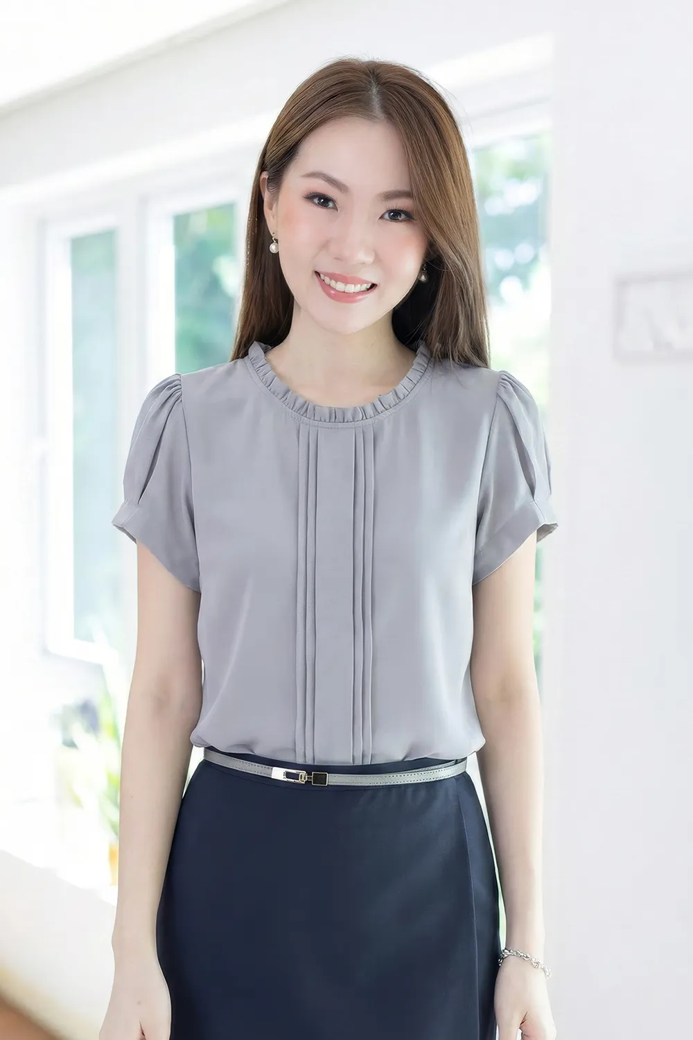 MT5343 Classic Frill-trimmed Blouse – Grey
