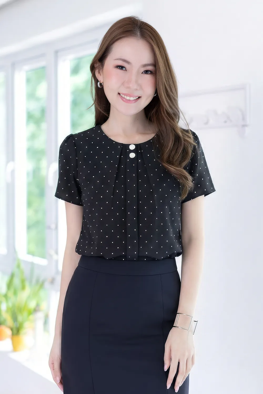NT2328 Double Button Placket Blouse – Dot Black