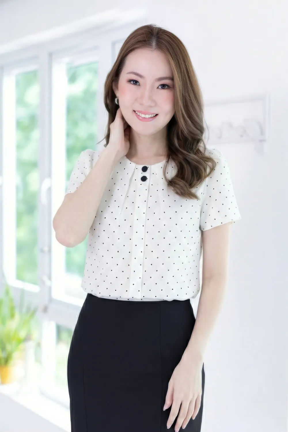 NT2328 Double Button Placket Blouse – Dot White