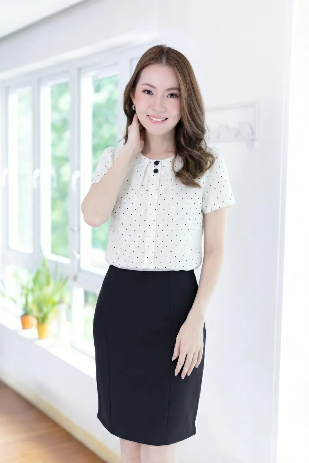 NT2328 Double Button Placket Blouse – Dot White - Image 6