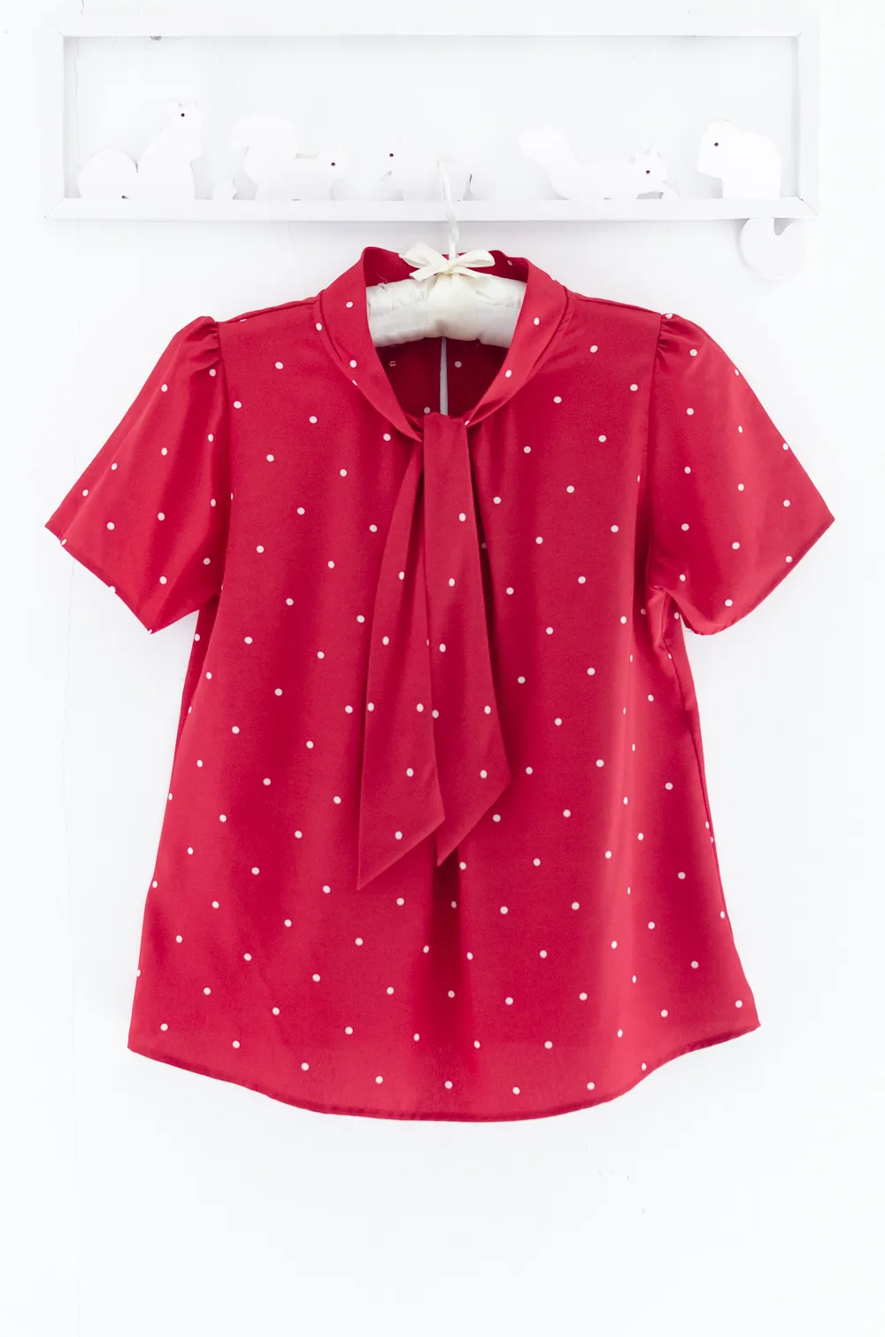 Alternative view of NT2429 Tie-Neck Dot Blouse – Red