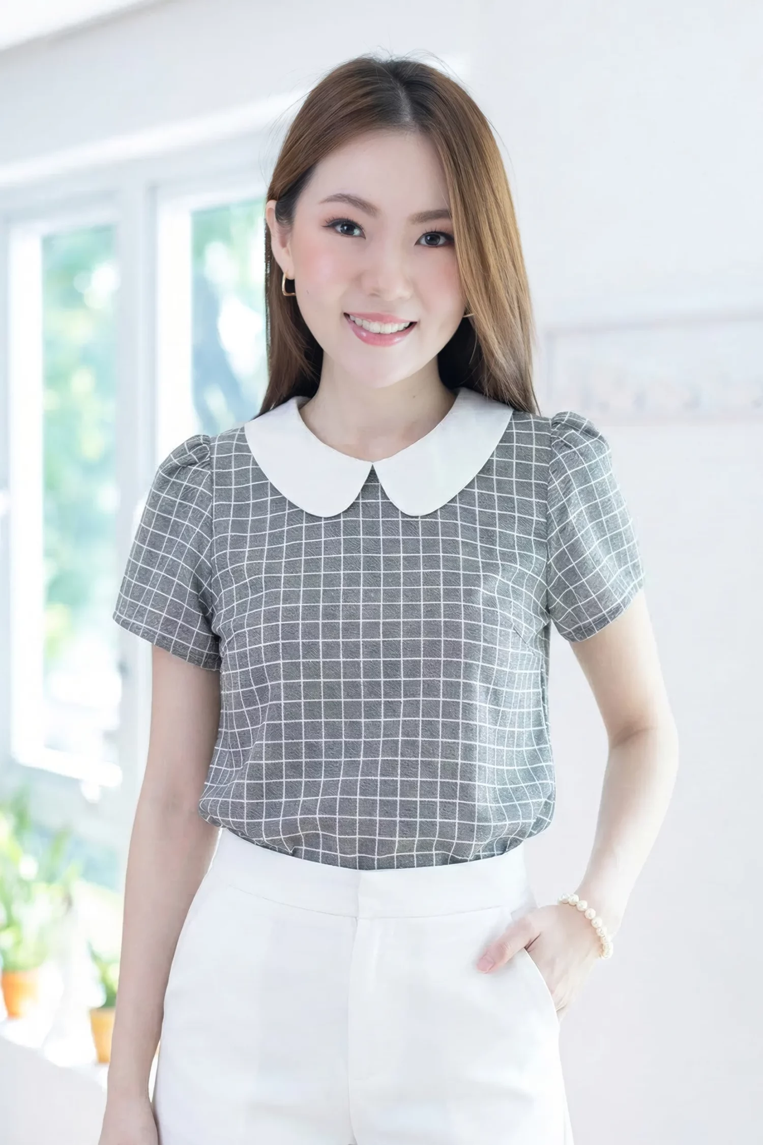 MT0101 Peter Pan Collar Checkered Blouse – Dark Grey