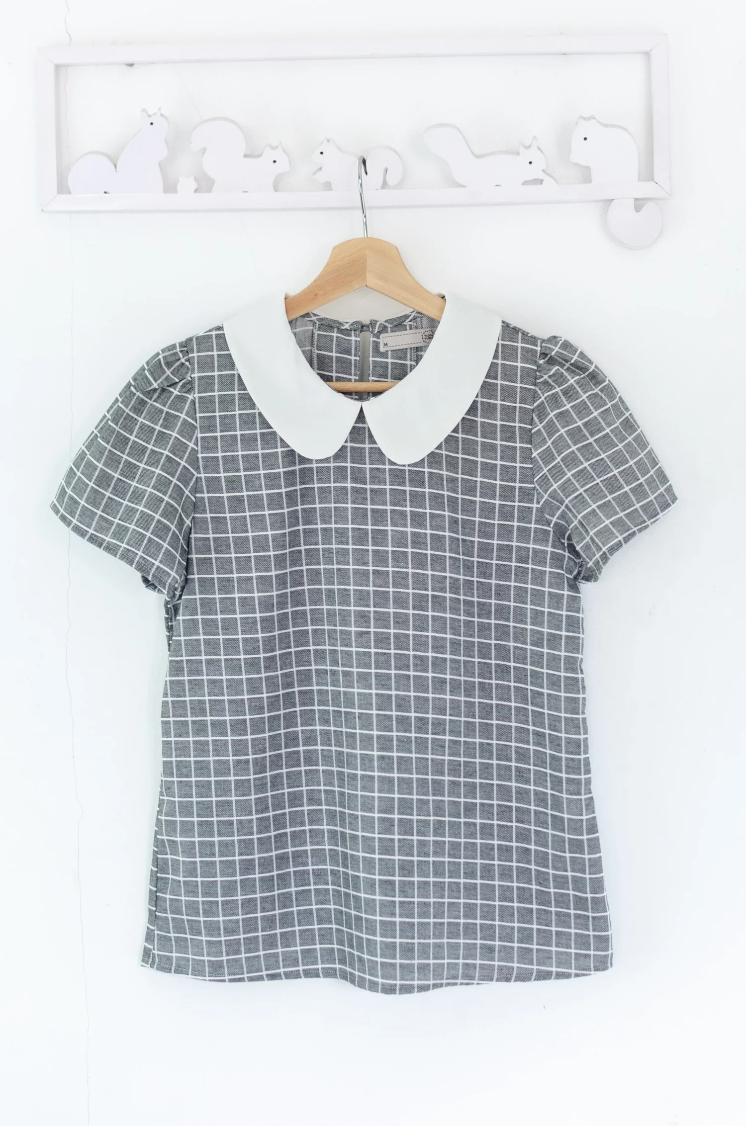 Alternative view of MT0101 Peter Pan Collar Checkered Blouse – Dark Grey