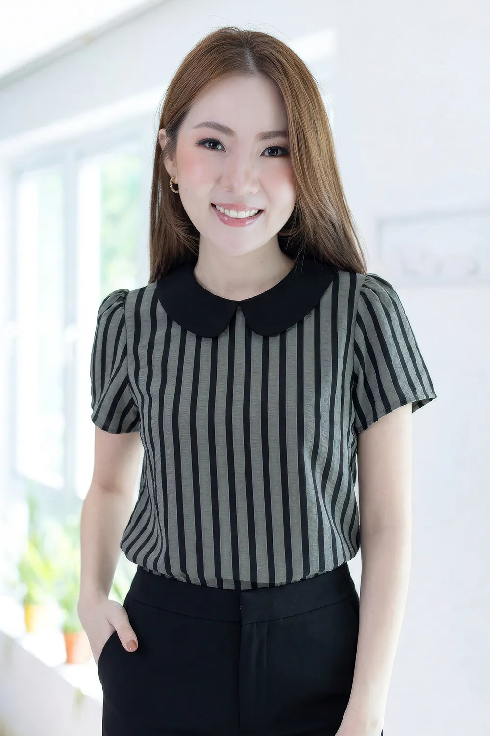 MT0101 Peter Pan Collar Stripe Blouse – Dark Grey