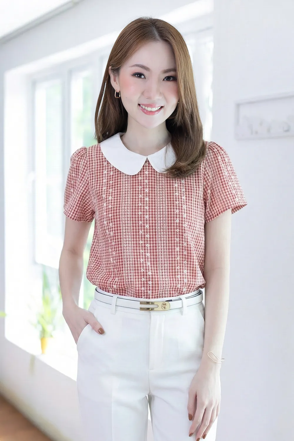 MT0101 Peter Pan Collar Gingham Blouse – Red
