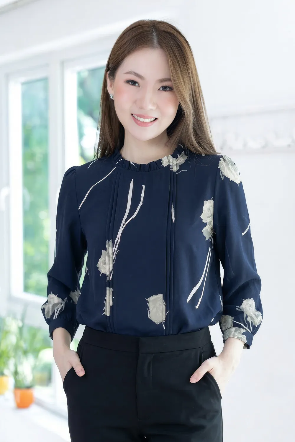 MT0431 Ruff Collar Pintuck Rosie Blouse – Navy Blue
