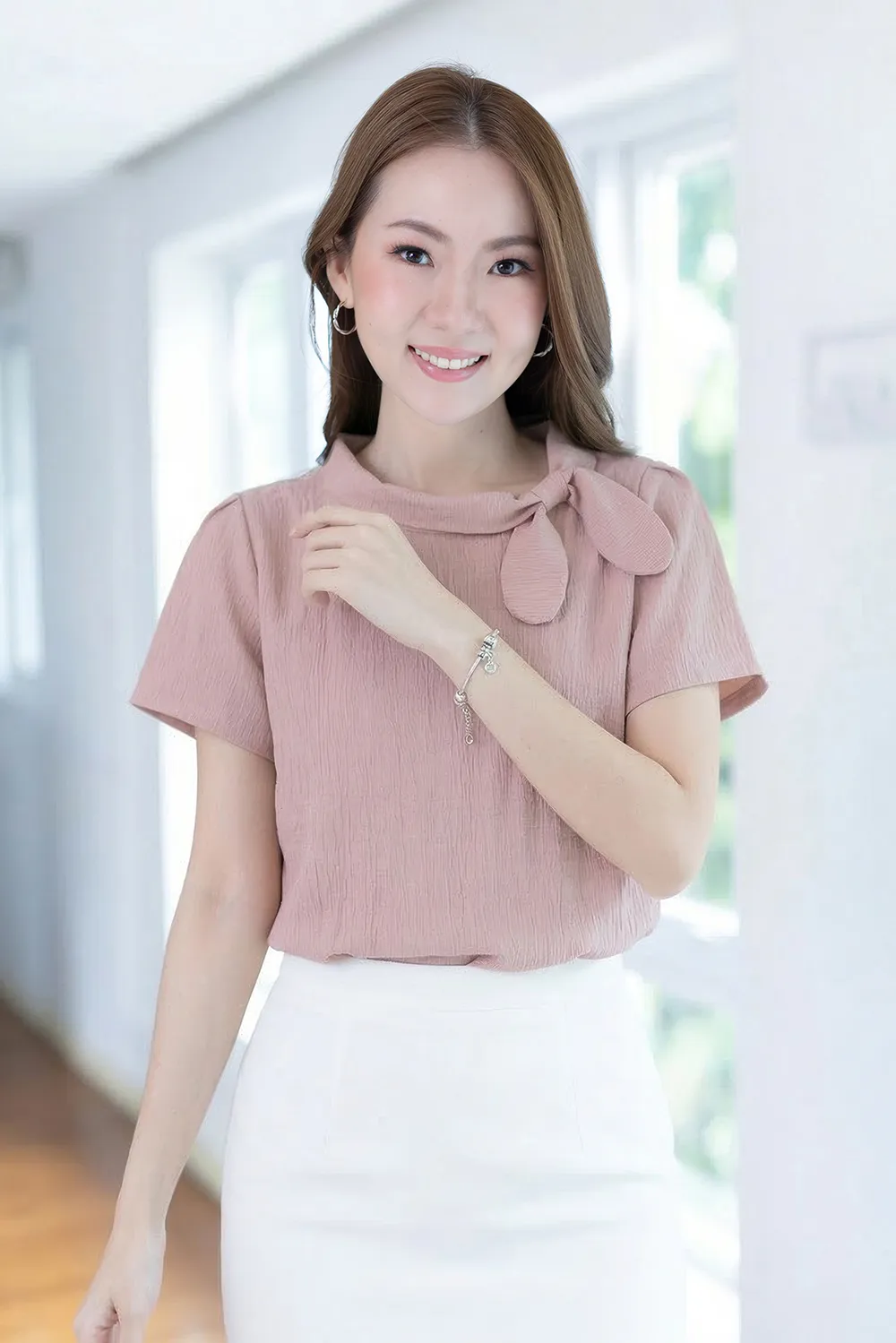 MT5139 Side Bow Crinkled Blouse – Muted Pink