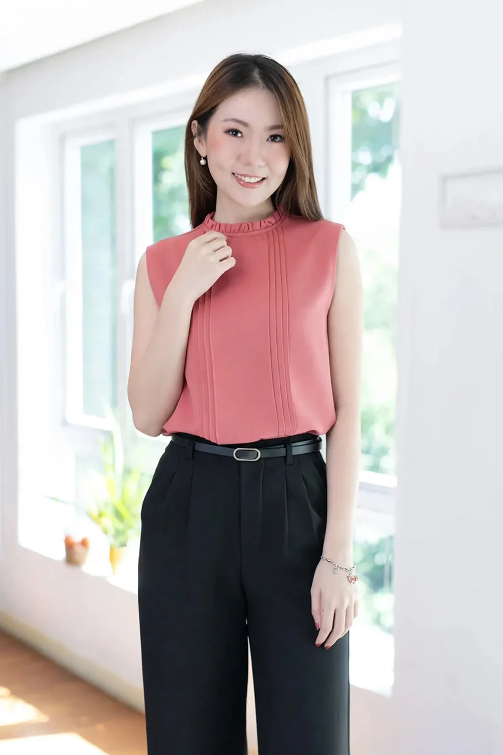 MT5700 Ruff Collar Pintuck Sleeveless Blouse – Coral