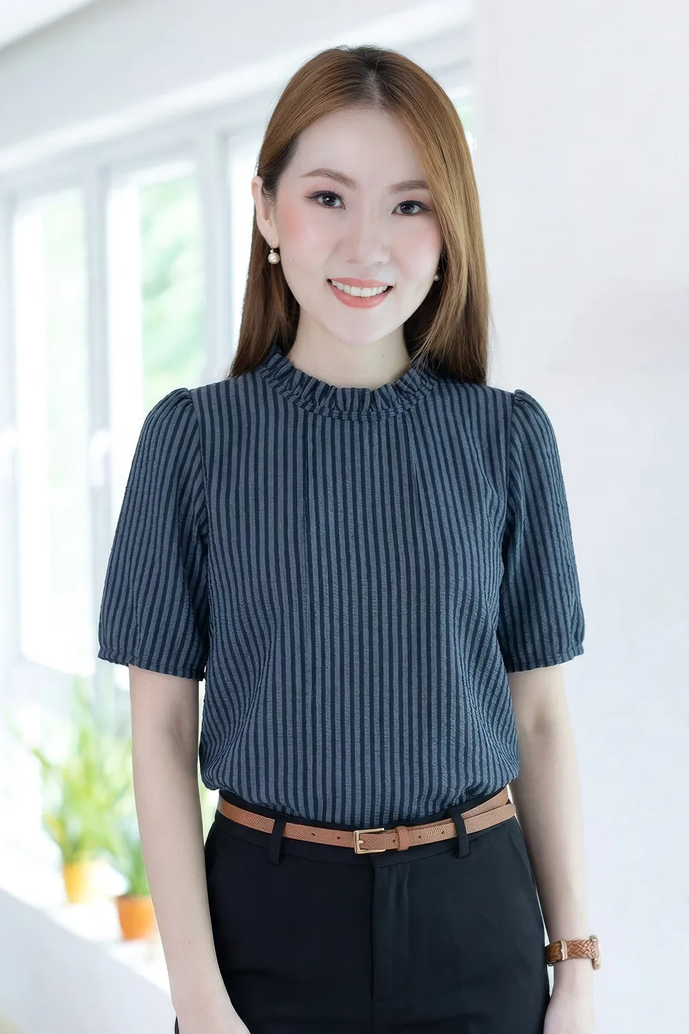 MT6752 Stripe Ruff Collar Blouse – Blue-Black