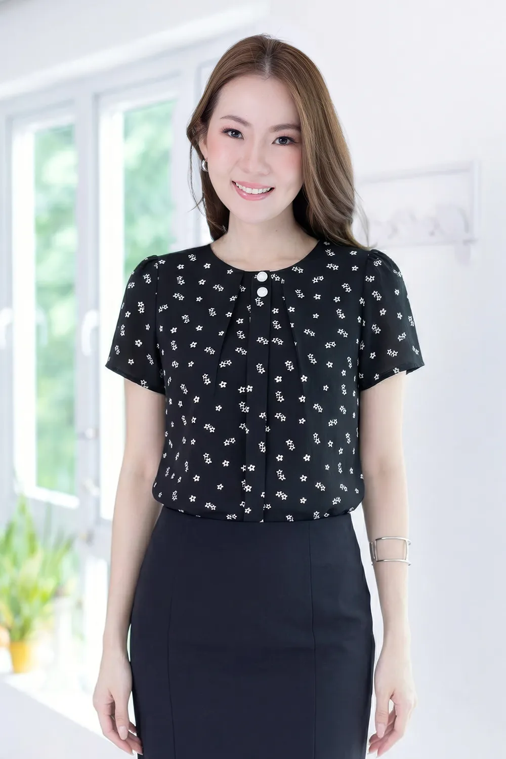 NT2328 Double Button Placket Blouse – Daisy Black