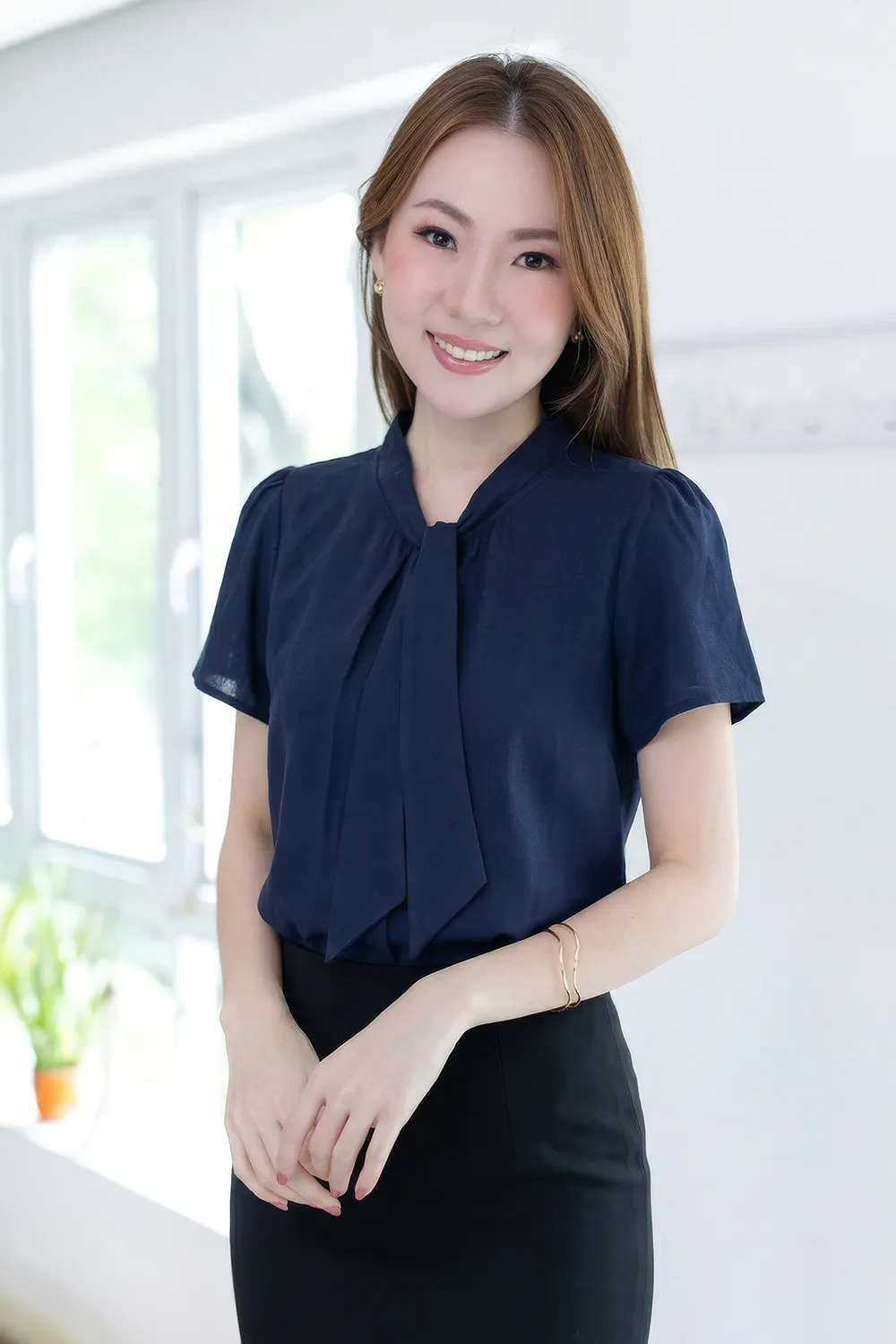 NT2429 Tie-Neck Silk Blouse – Navy Blue