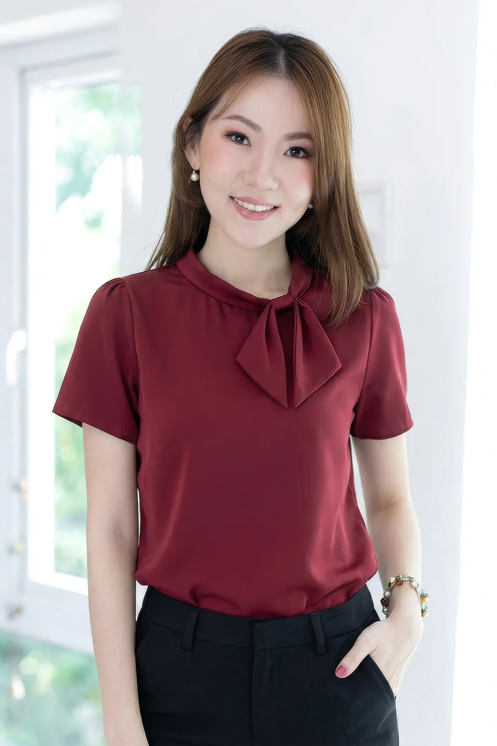 NT2522 Bow Collar Blouse – Red Wine