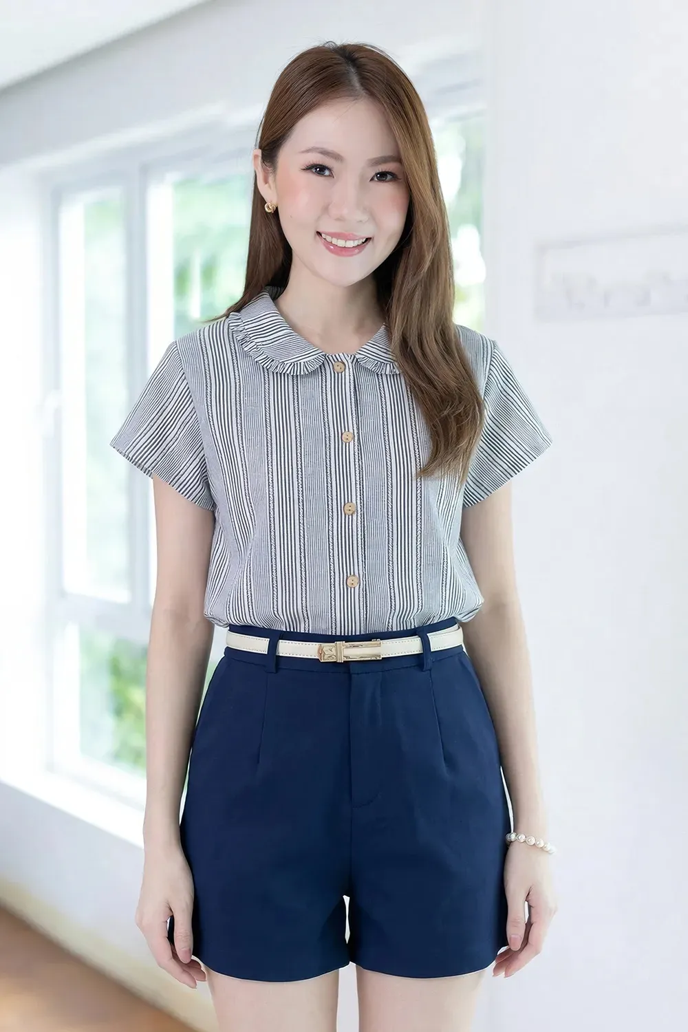 PT0245 Frill Peter Pan Collar Shirt – Blue Stripe