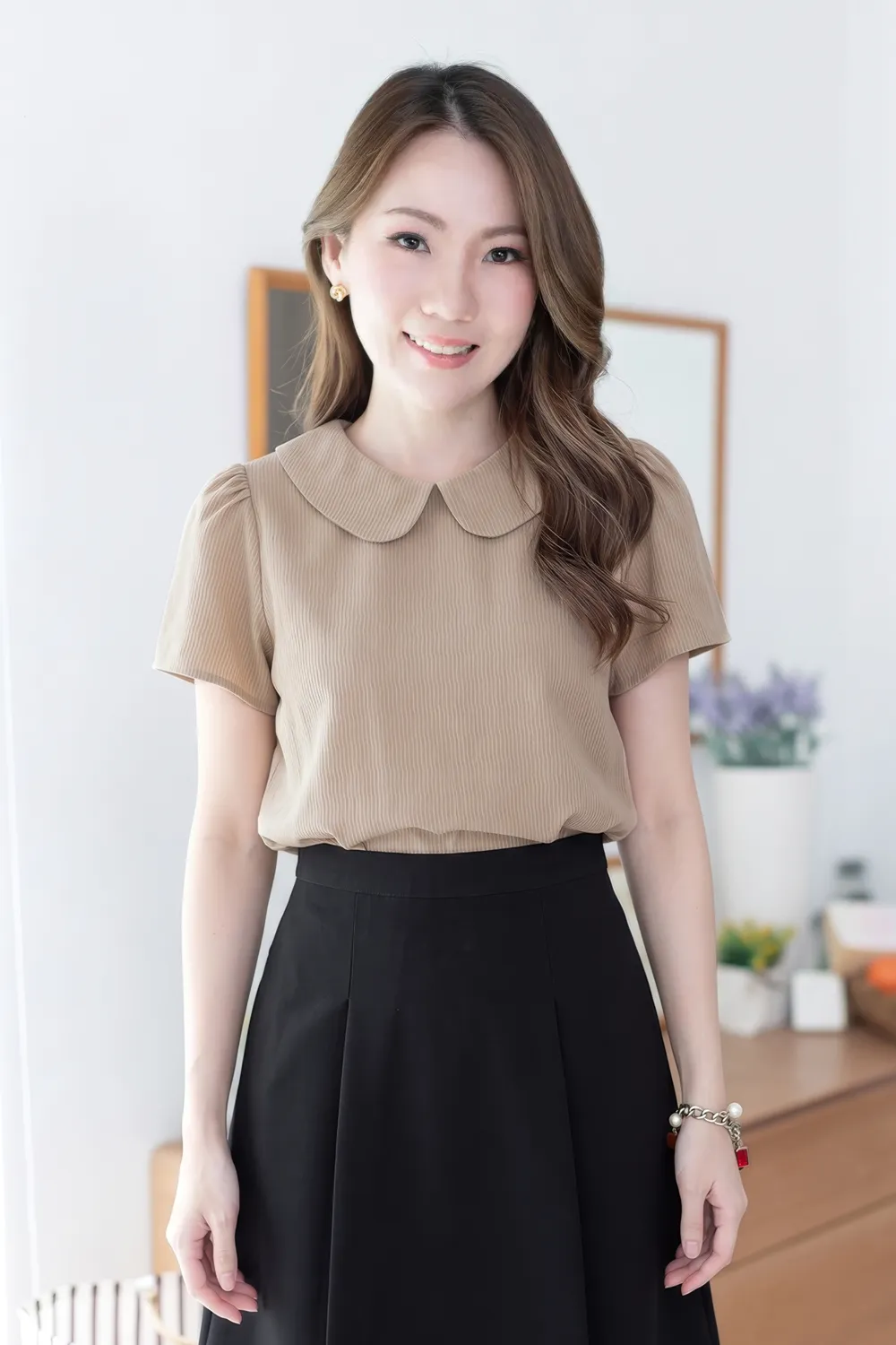 MT0101 Peter Pan Collar Ripla Blouse – Latte Brown
