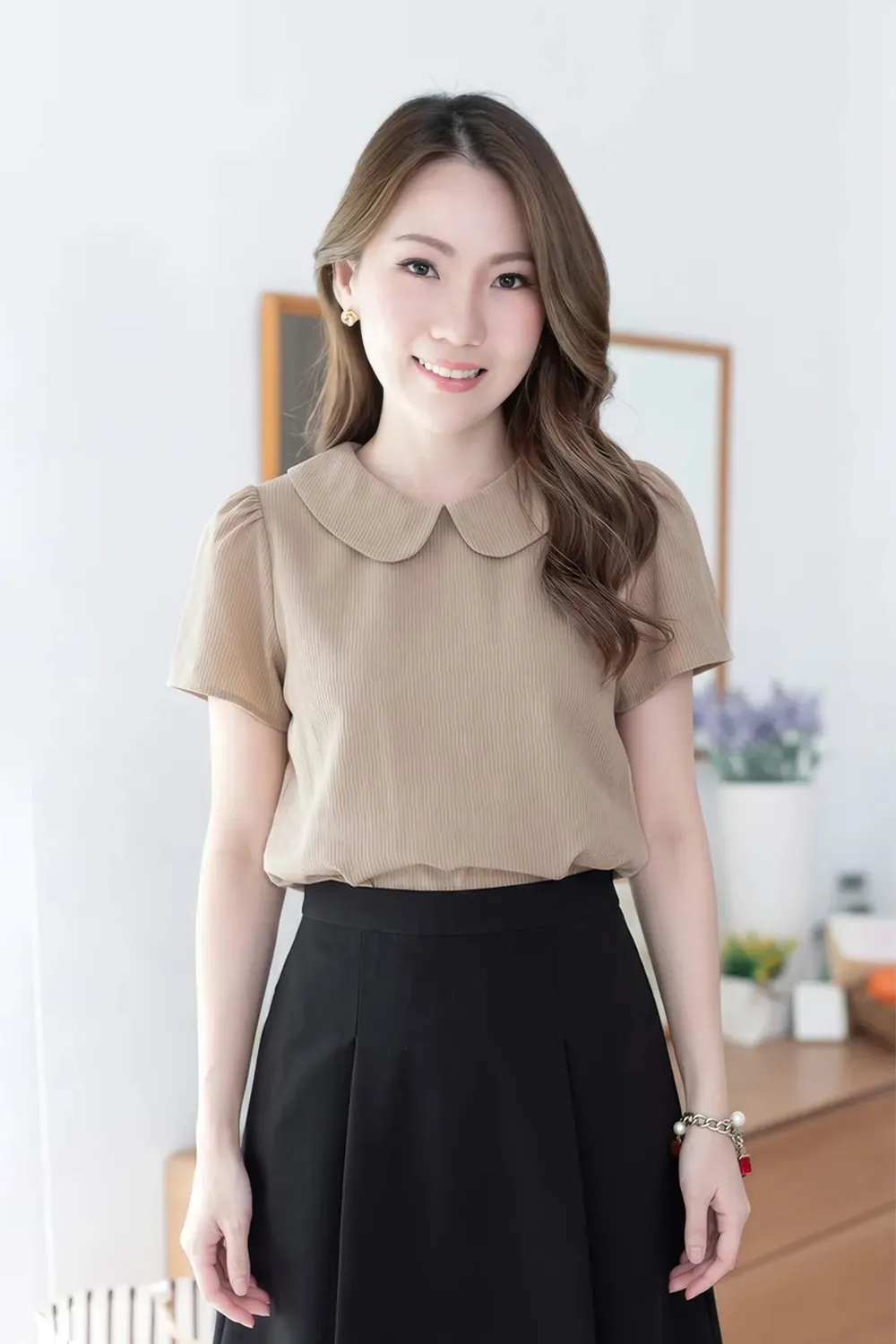 MT0101 Peter Pan Collar Ripla Blouse – Latte Brown