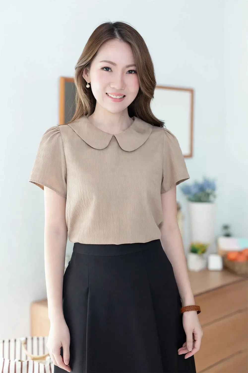 MT0101 Peter Pan Collar Ripla Blouse – Latte Brown