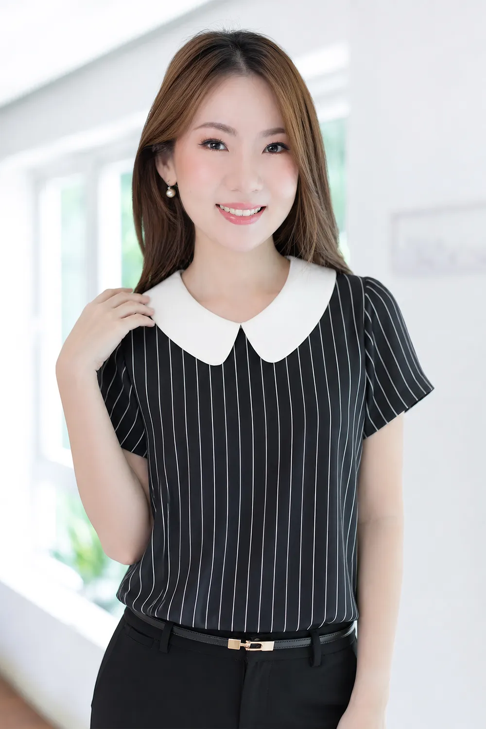 MT0106 Peter Pan Collar Folded Sleeve Blouse – BW Stripe