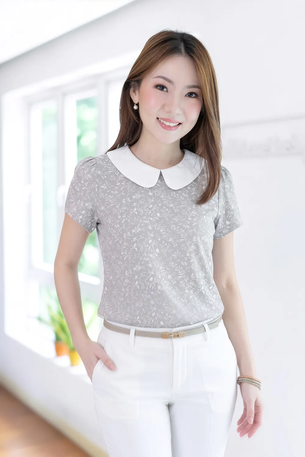 MT0106 Peter Pan Collar Folded Sleeve Blouse – Grey