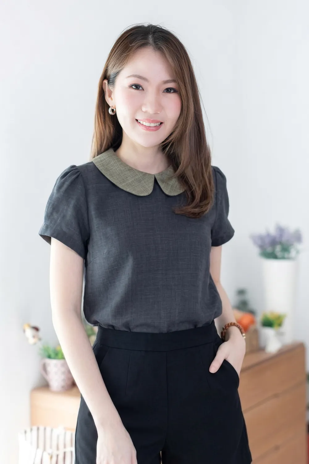MT0106 Peter Pan Collar Folded Sleeve Blouse – Dark Grey