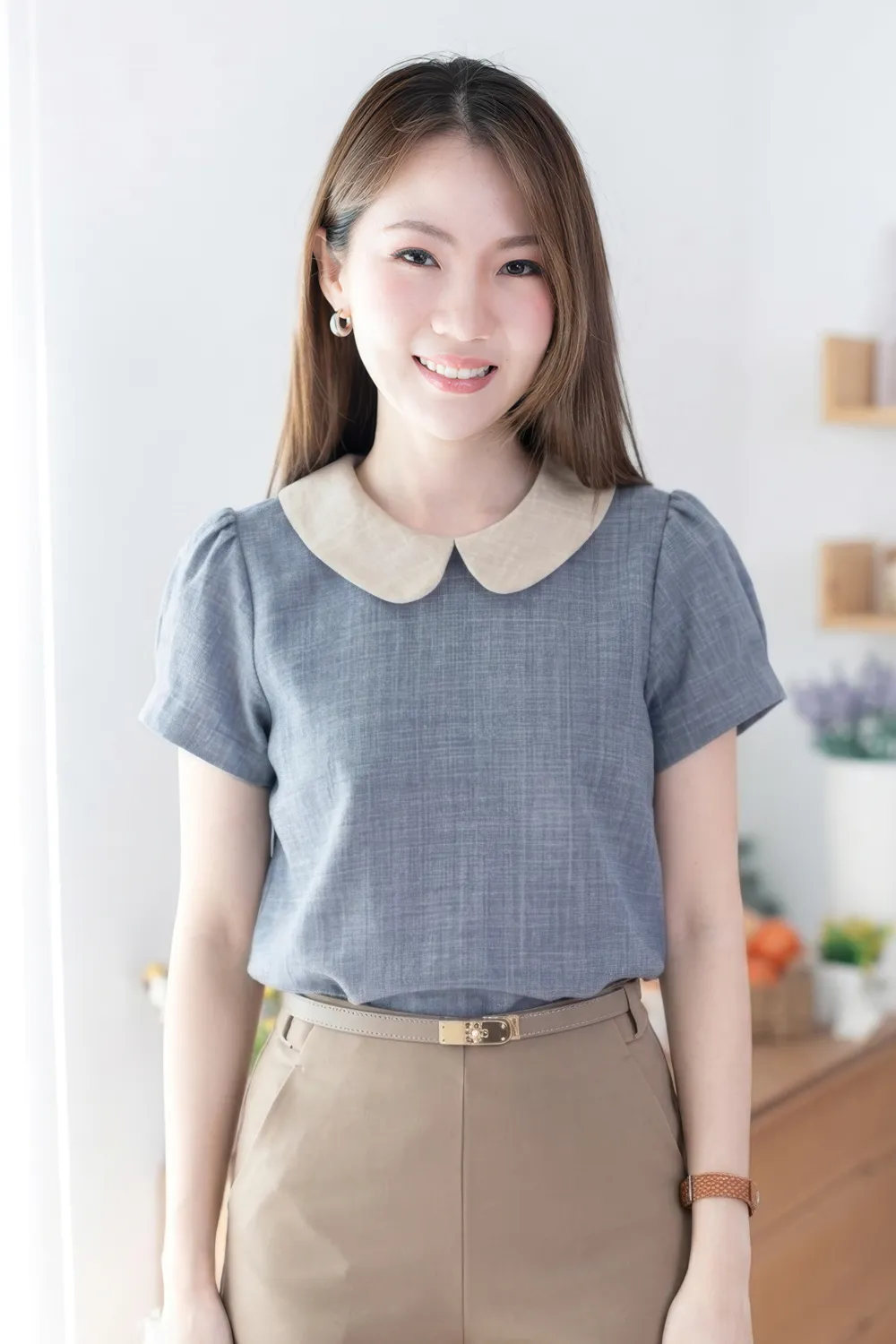 MT0106 Peter Pan Collar Folded Sleeve Blouse – Slate Grey