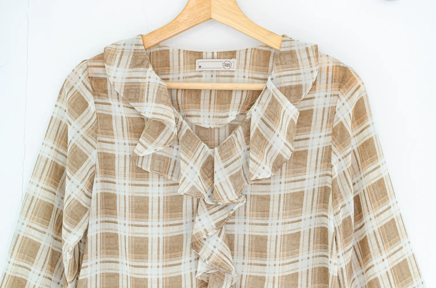 MT0955 Cascade Ruffle Plaid Blouse – Latte Brown - Image 3