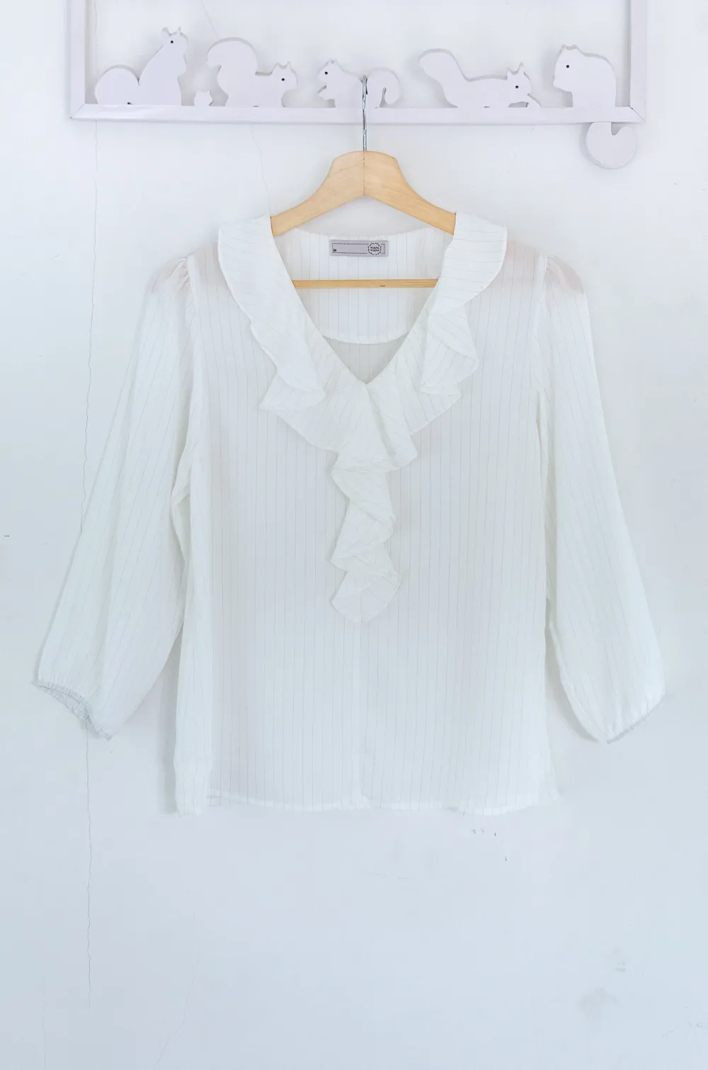 Alternative view of MT0955 Cascade Ruffle Pinstripe Blouse – White