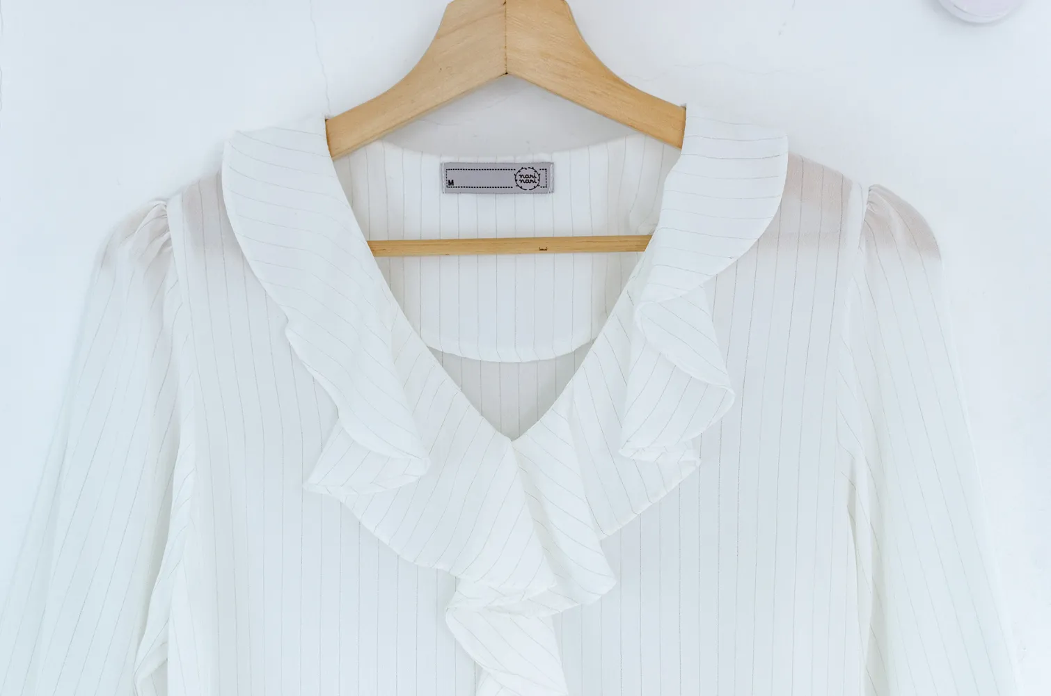MT0955 Cascade Ruffle Pinstripe Blouse – White - Image 3