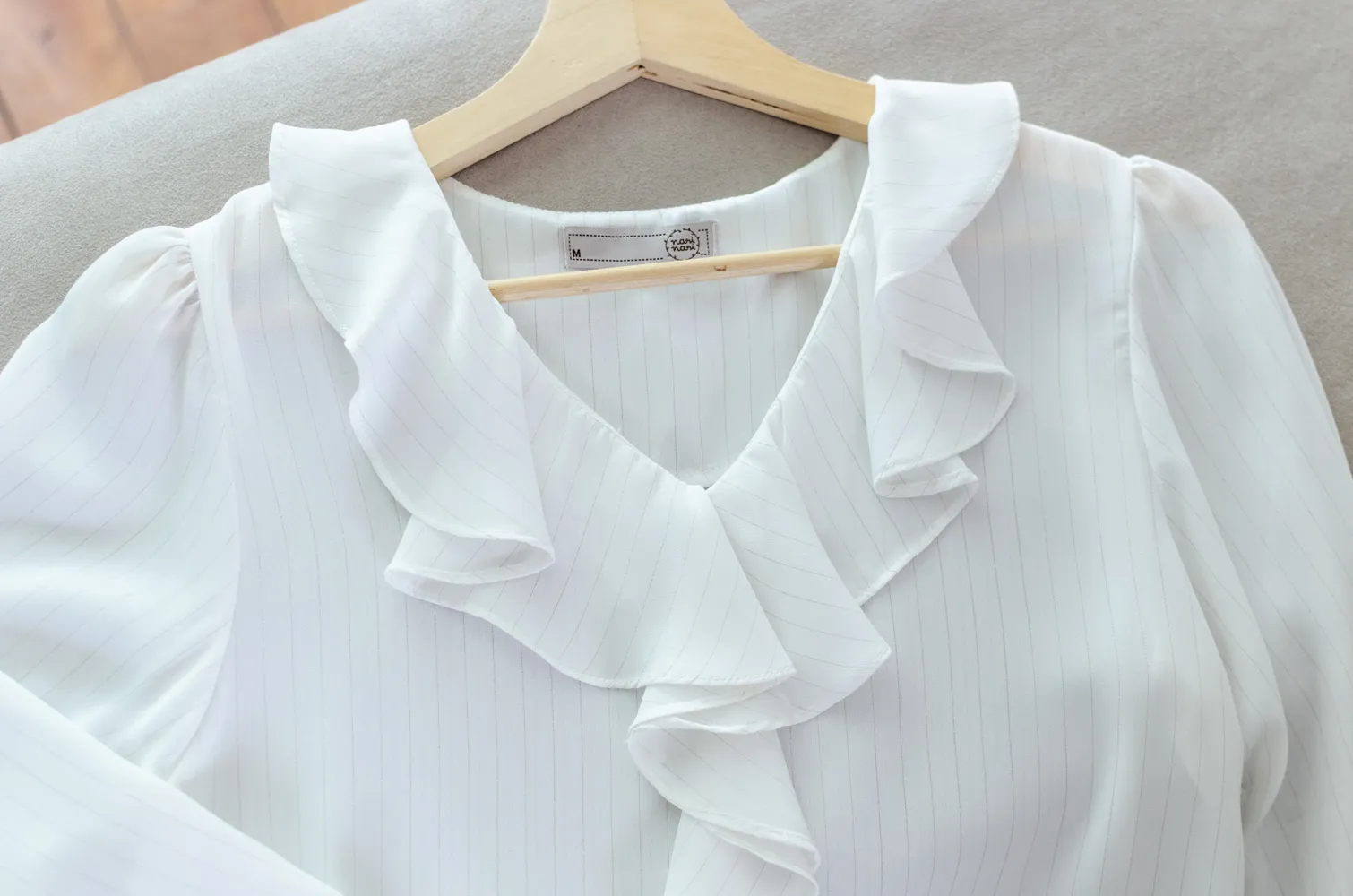 MT0955 Cascade Ruffle Pinstripe Blouse – White - Image 5