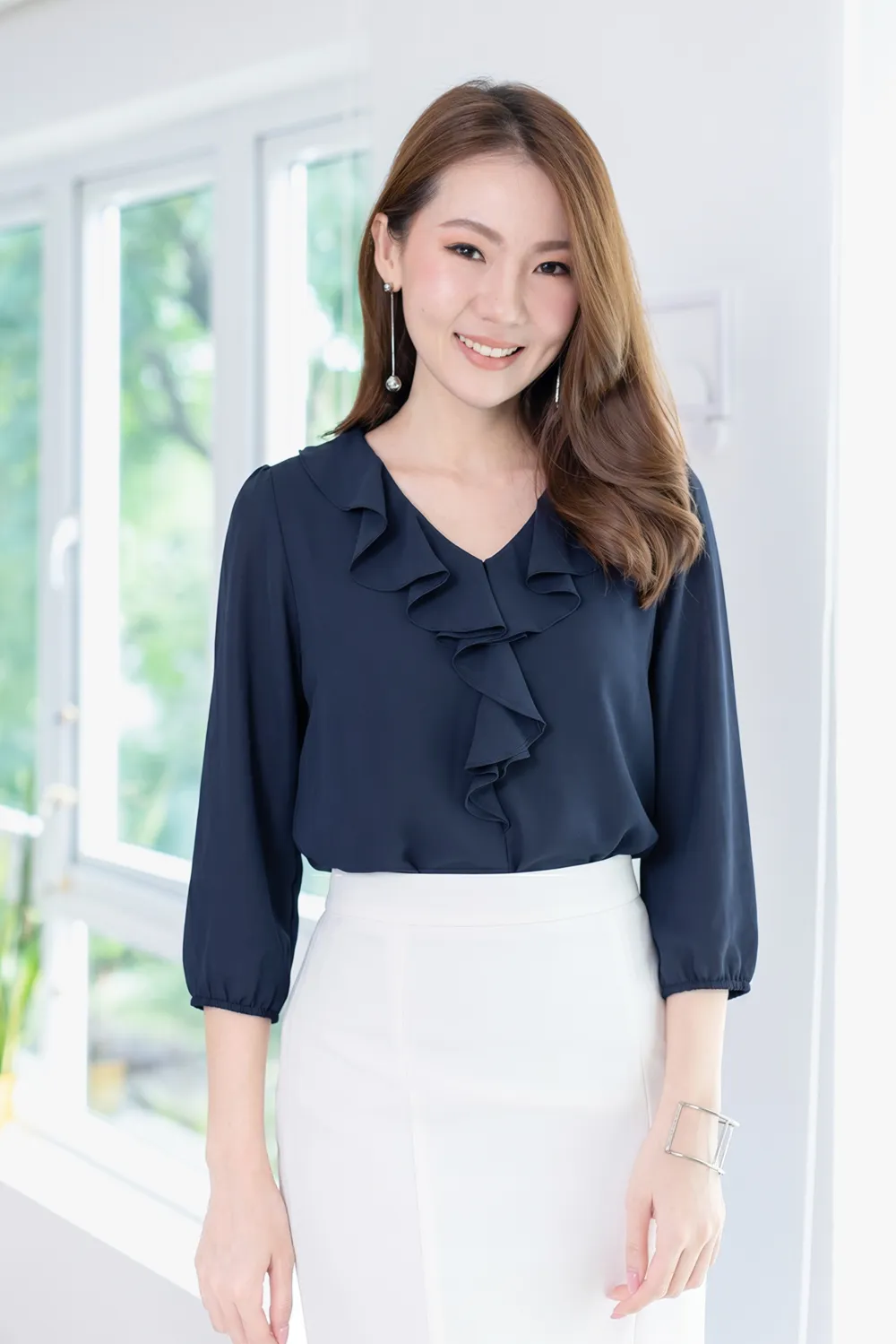 MT0955 Cascade Ruffle Chiffon Blouse – Navy Blue