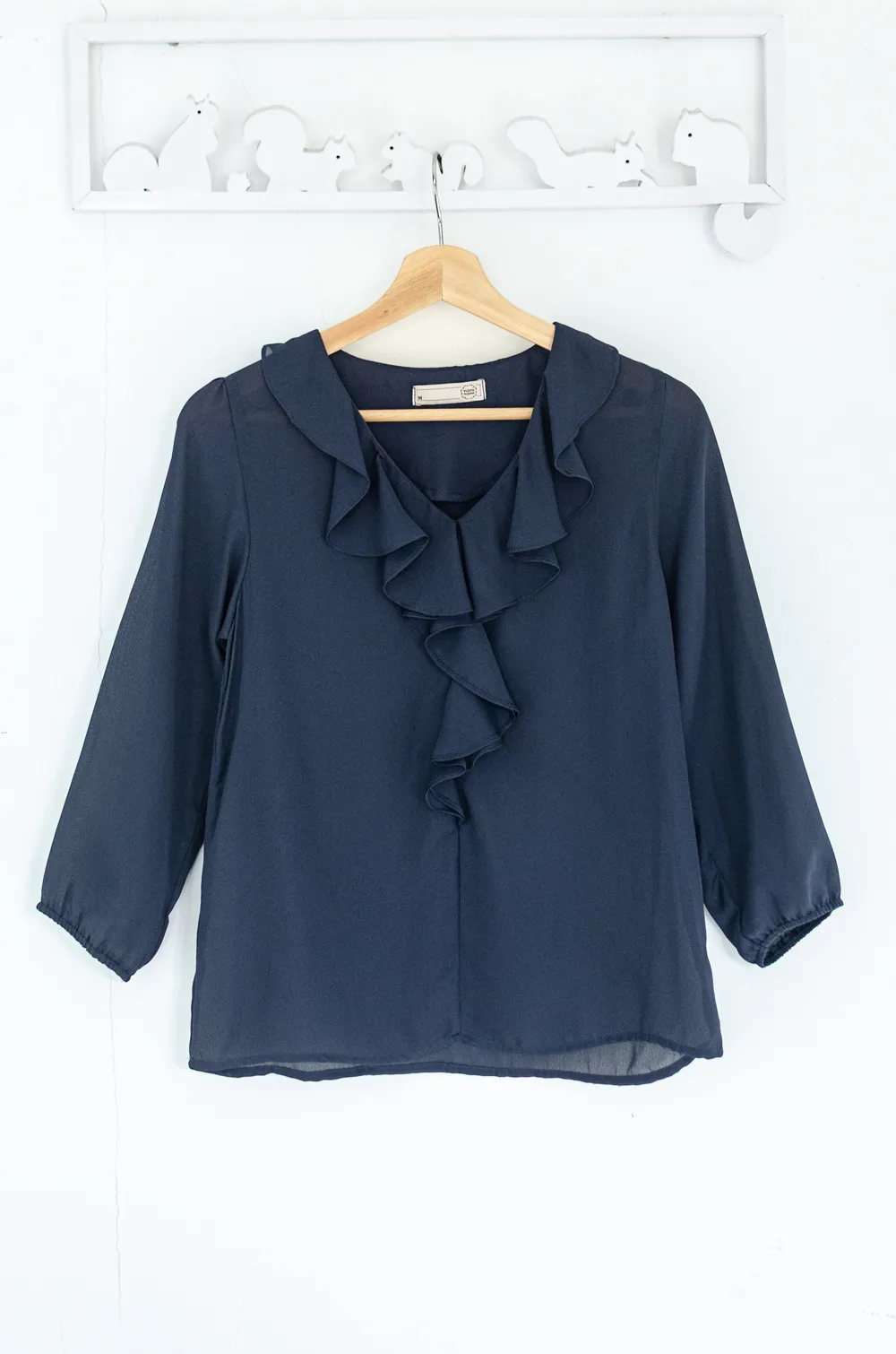 Alternative view of MT0955 Cascade Ruffle Chiffon Blouse – Navy Blue