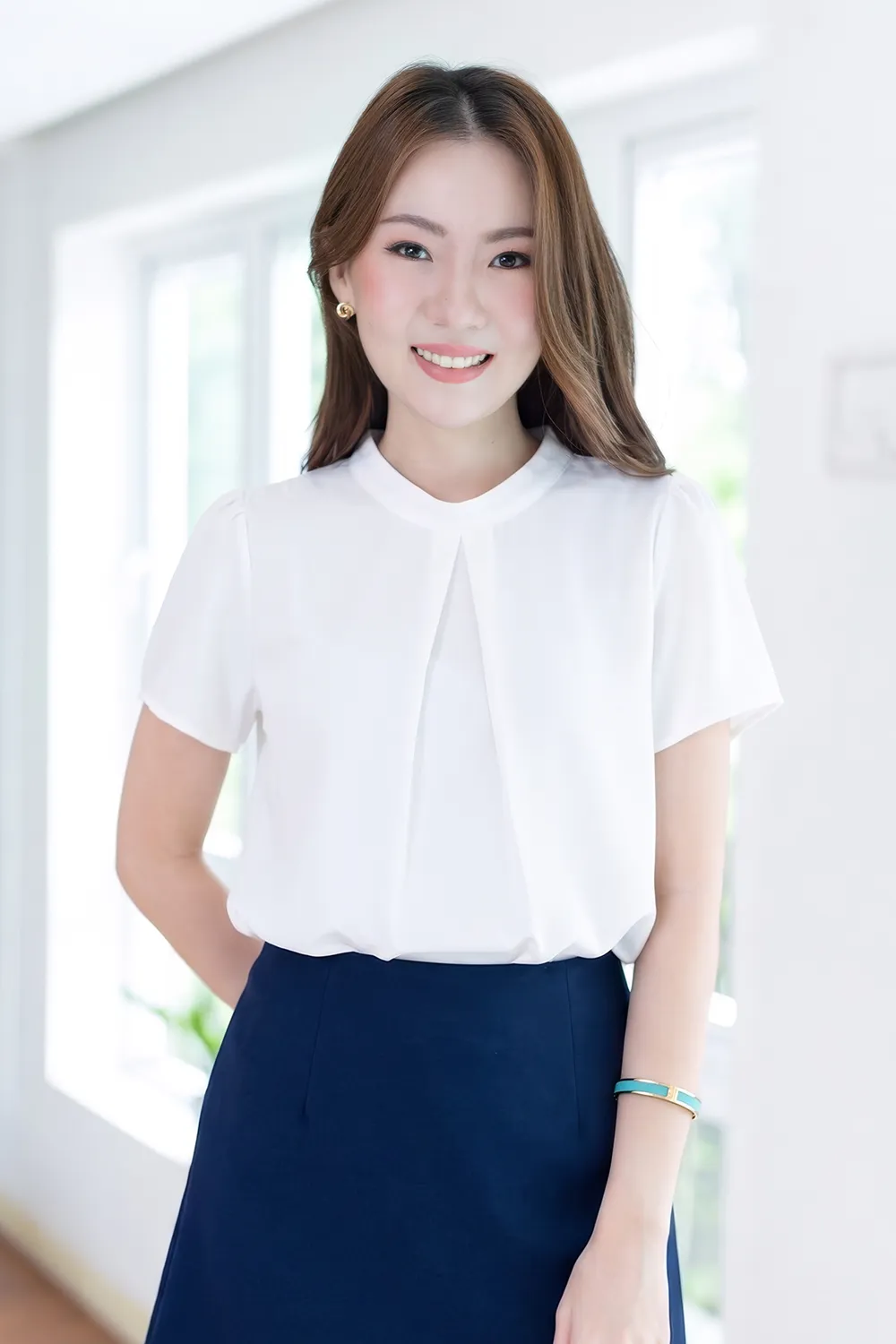 NT2420 Band Collar Twist Front Blouse – White