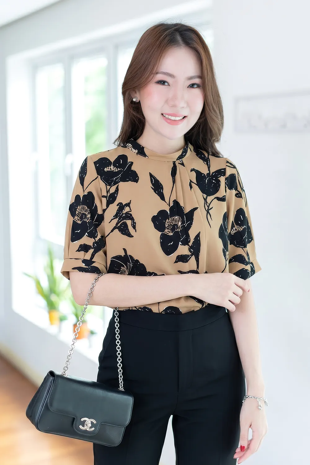 MN0520 Side Pleat Flower Blouse – Latte