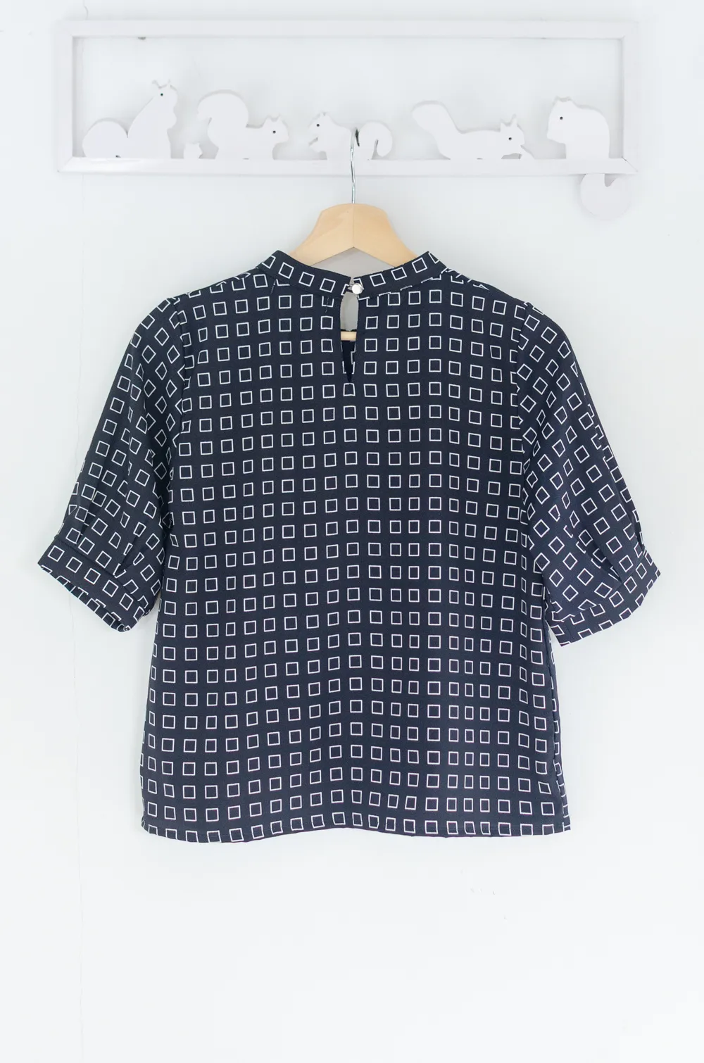 MN0520 Side Pleat Square Print Blouse – Dark Navy - Image 6