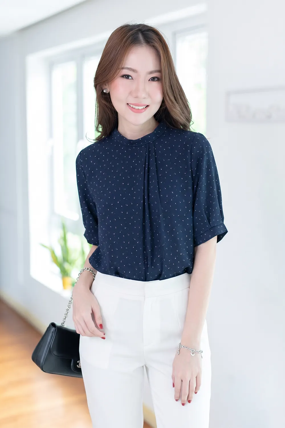 MN0520 Side Pleat Tiny Flower Blouse – Dark Navy