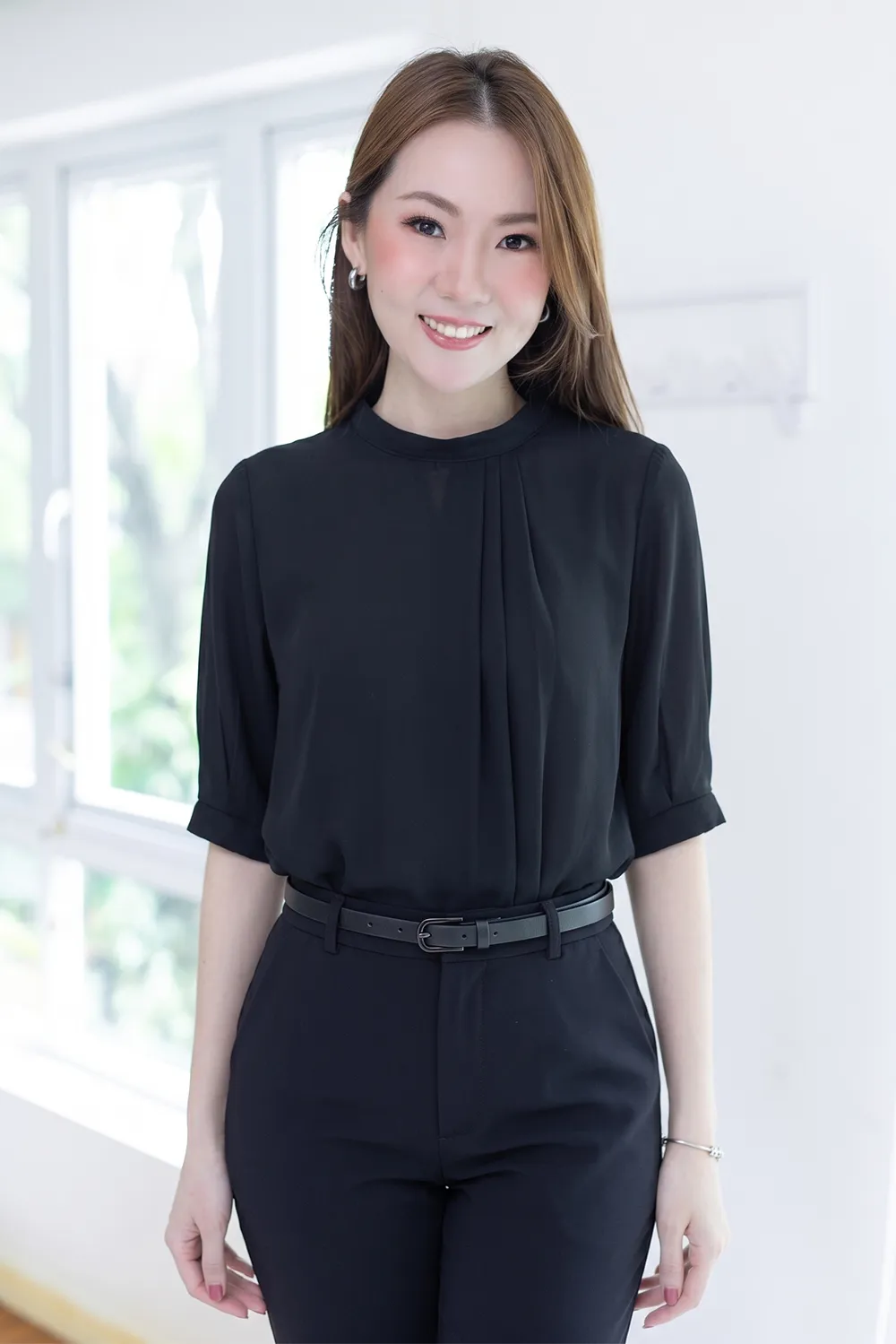 MN0520 Side Pleat Chiffon Blouse – Black
