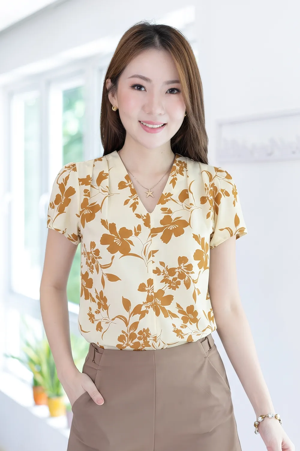 MT0601 V-Collar Mustard Flower Print Blouse – Cream Yellow