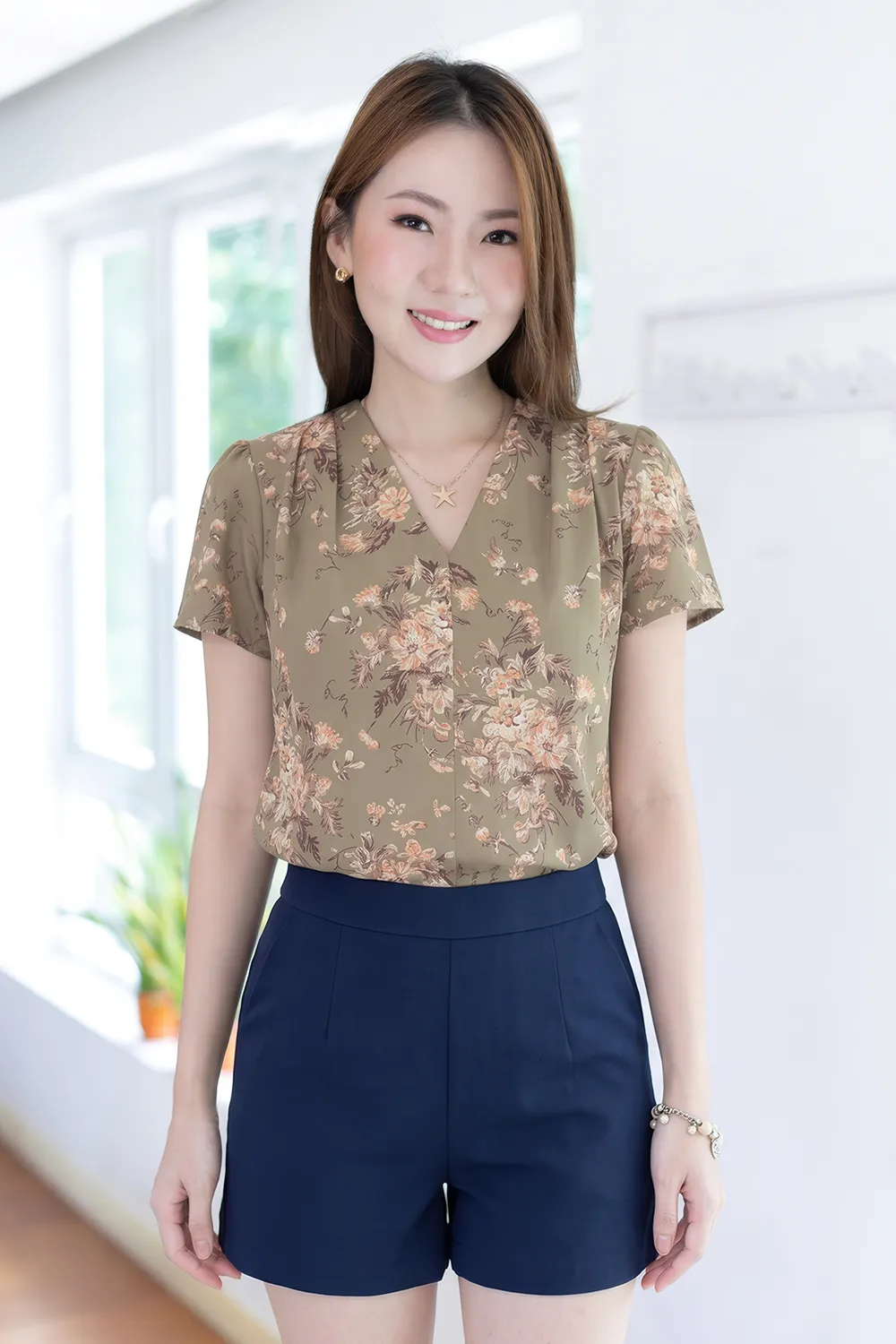 MT0601 V-Collar Flower Print Blouse – Muted Olive Brown